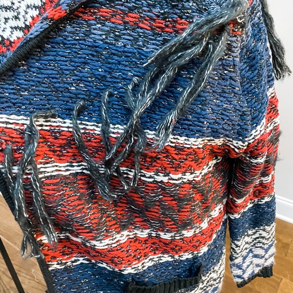 Jessica Simpson Red and Blue Chunky Thistle Cardigan with Accent Fringe Size S - Picture 2 of 12
